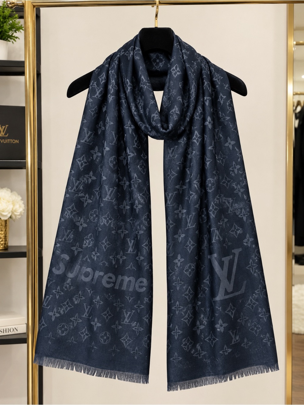 Brand New FASHION Thin Navy Monogram Jacquard Scarf with Supreme Motif